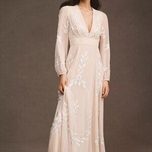 BHLDN Belize Embroidered A-Line Long-Sleeve V-Neck Gown